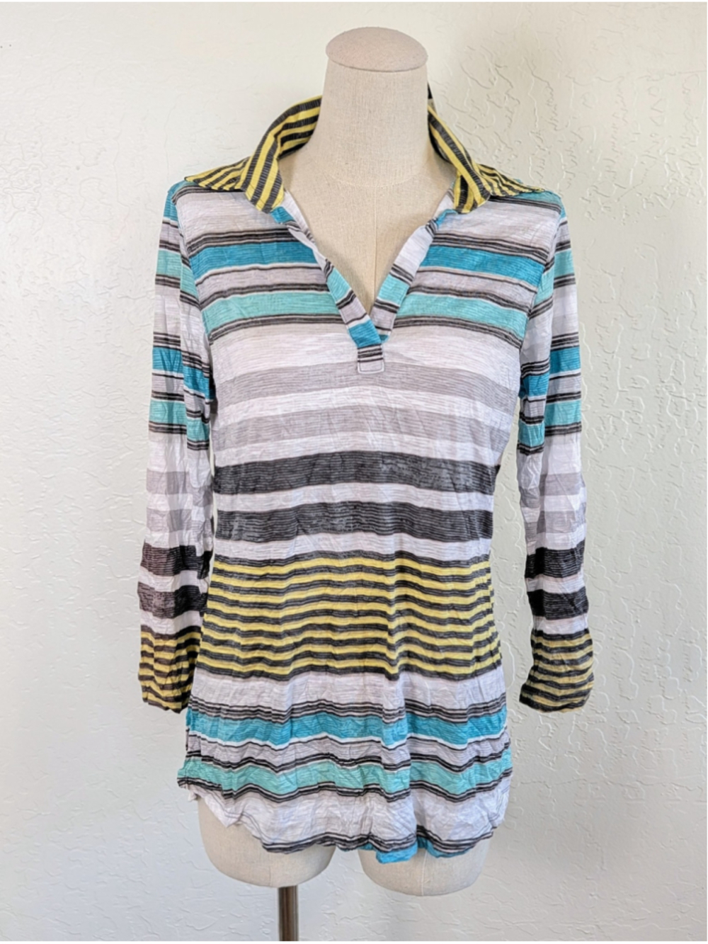 David Cline Crushed Polo Top NWT Small Striped Teal Yellow Lightweight Travel